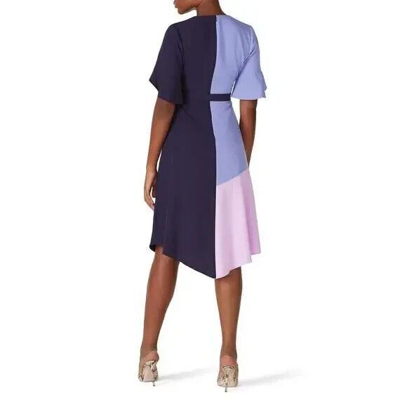 Hutch Small Colorblock Crepe Faux Wrap Midi Dress Blue Purple Flutter Sleeve - Picture 4 of 13